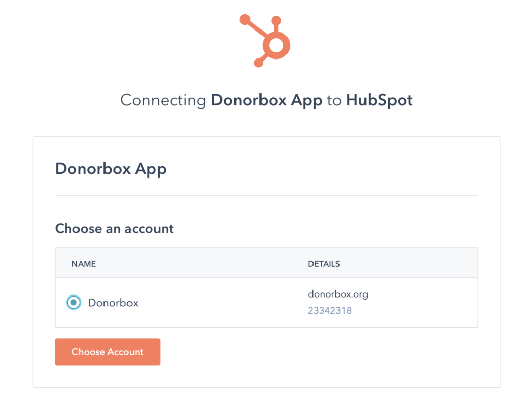 Screenshot of the HubSpot page where users select the Donorbox account to connect with HubSpot.