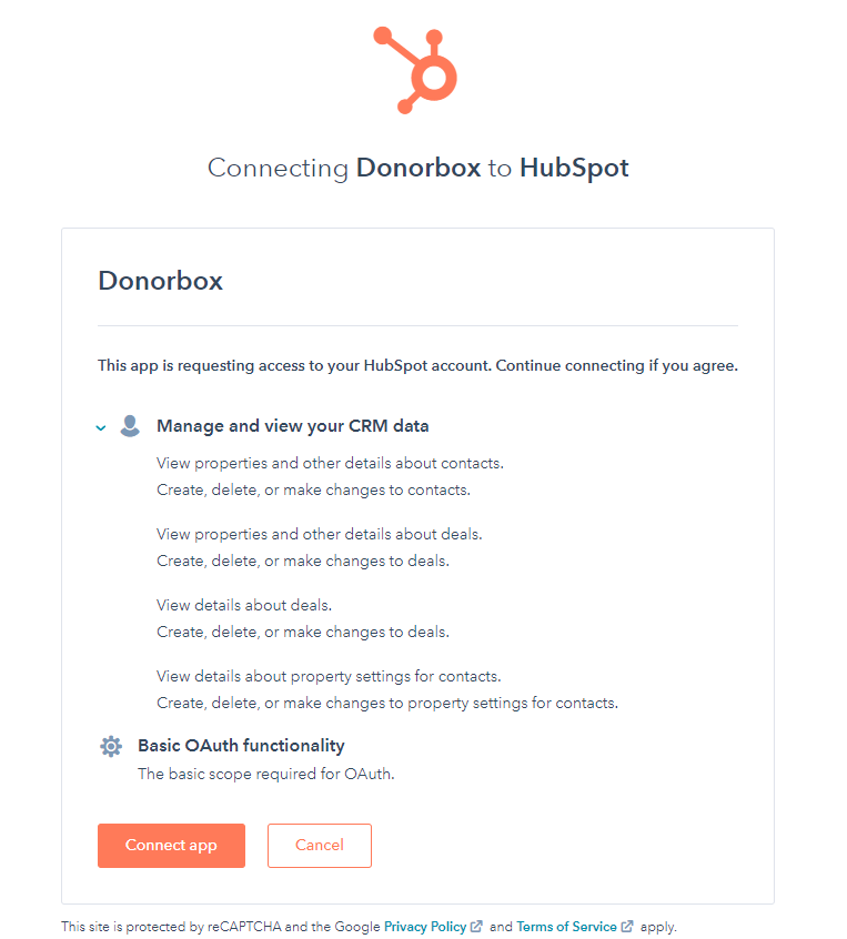 Screenshot of the HubSpot page where users will give permission for Donorbox to access the HubSpot account.