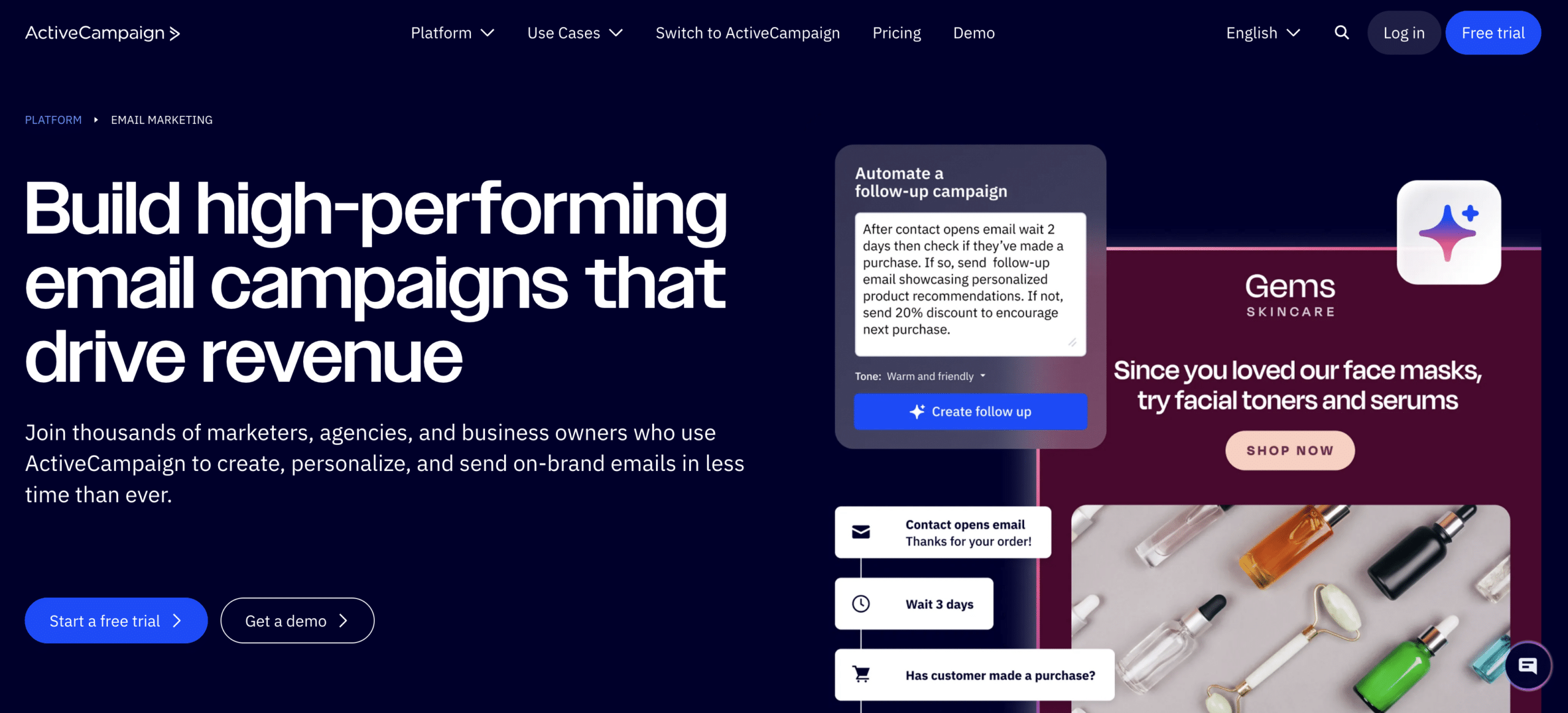 Screenshot of the ActiveCampaign homepage banner, a Mailchimp alternative for nonprofits
