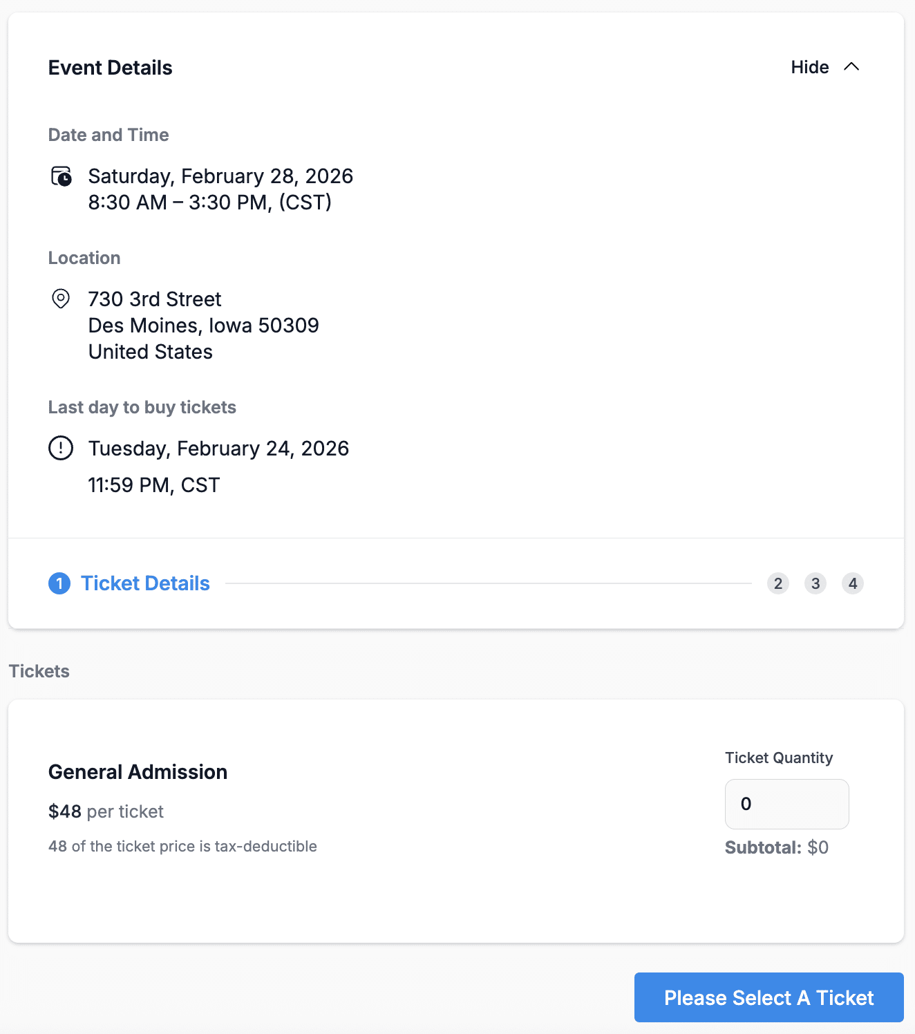 Screenshot of an organization's fundraising event form with ticket deadlines