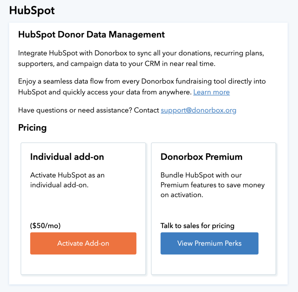 Capture d'écran montrant à quoi ressemble la page du module complémentaire d'intégration HubSpot dans le tableau de bord Donorbox.