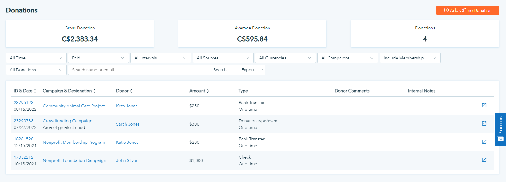 Screenshot showing the donation management solutions on Donorbox. 