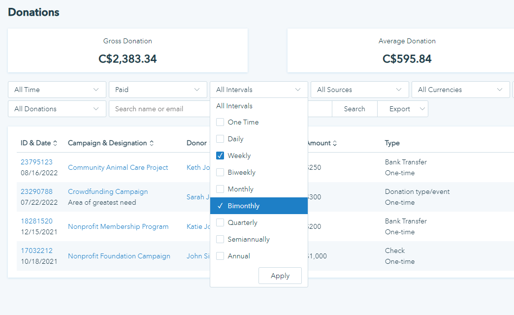 Screenshot shows how to filter donation data on Donorbox for improved segmentation. 