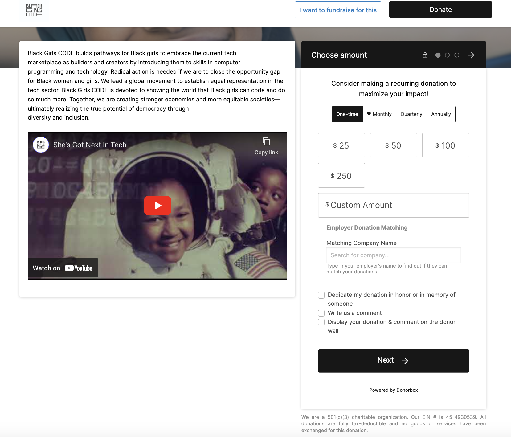 Screenshot of the Donorbox-hosted donation page for Black Girls Code. 