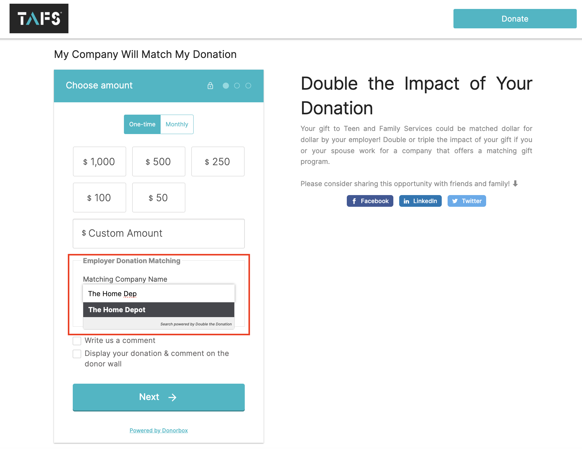 Screenshot of a Donorbox donation page with company matching enabled. 
