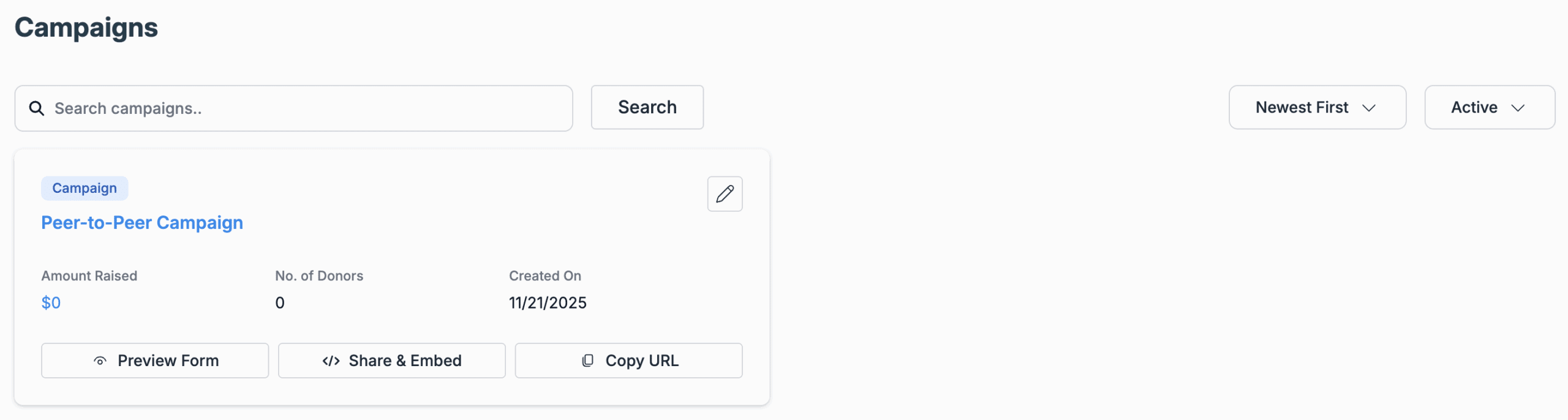 Fundraiser campaigns page on Donorbox dashboard