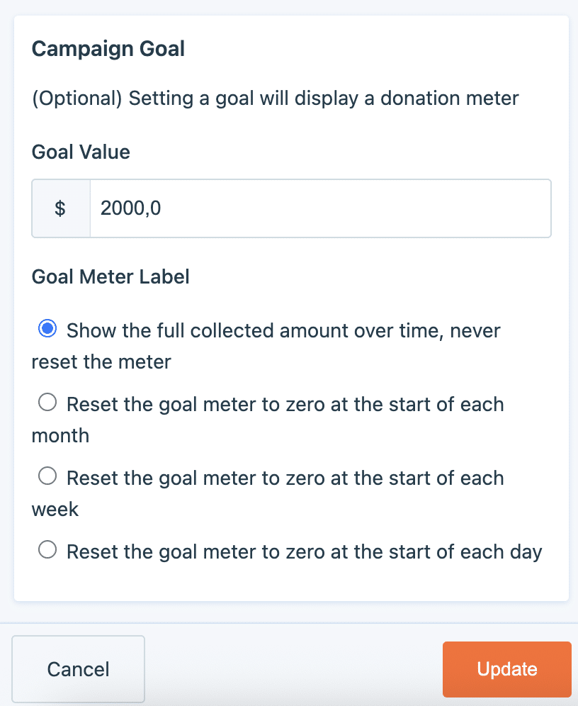 Goal meter option on a peer-to-peer fundraiser's campaign editor