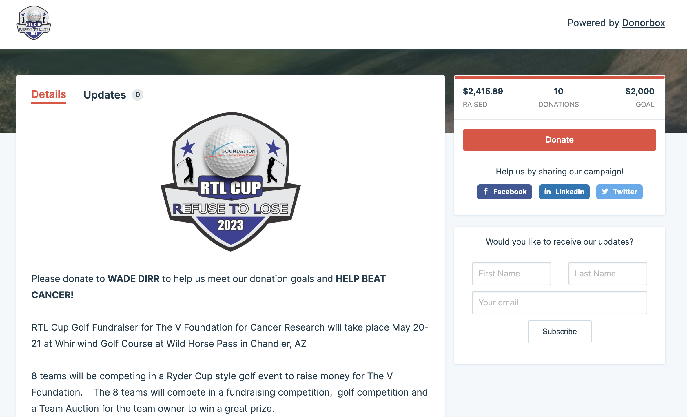 Example of an organization using Donorbox to raise funds for a golf tournament fundraiser. 