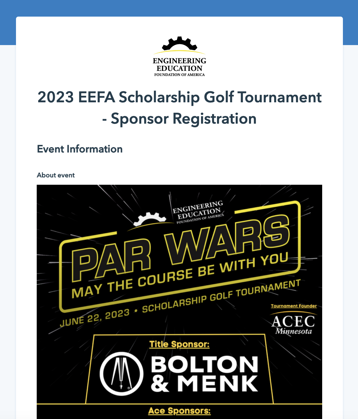 Example of an organization hosting a "Par Wars" themed golf fundraiser using Donorbox Events. 