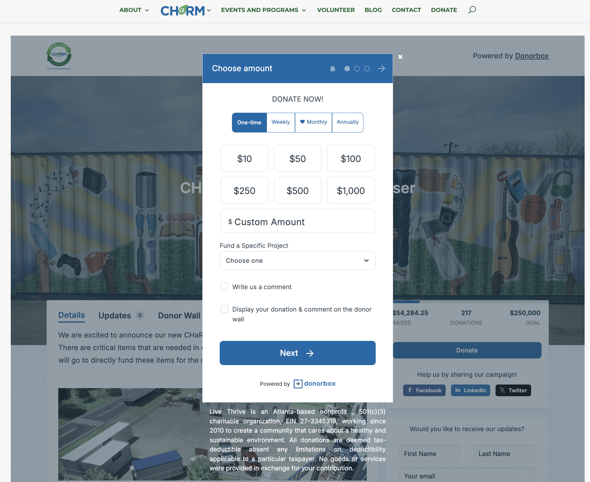 Screenshot of an organization's crowdfunding campaign featuring a Donorbox donation form