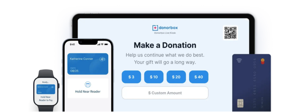 Image of the Donorbox Live app in action on an iPad, mobile phone, and smartwatch.