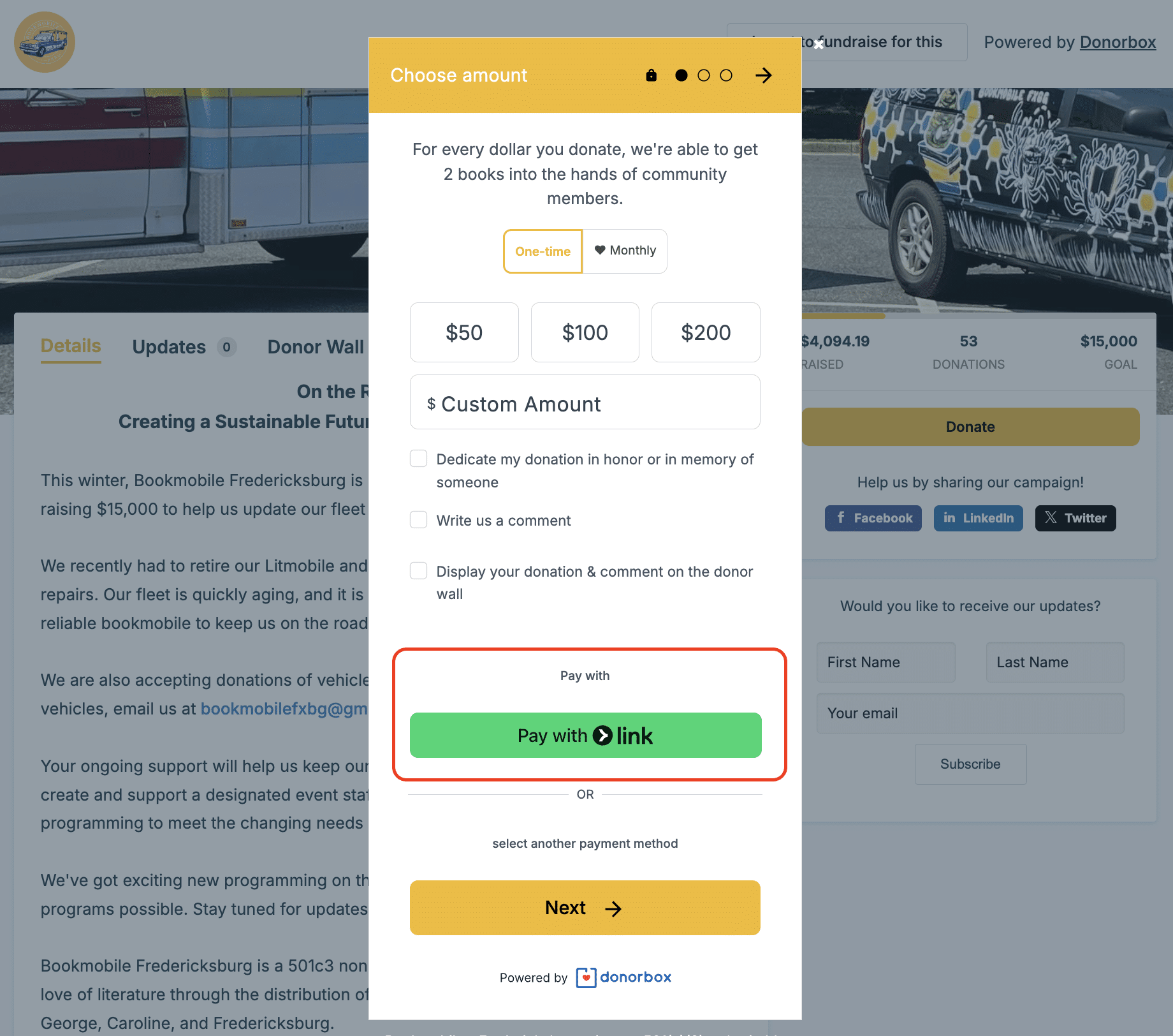 Screenshot of an organization's donation form featuring UltraSwift Pay for super-fast digital wallet payments