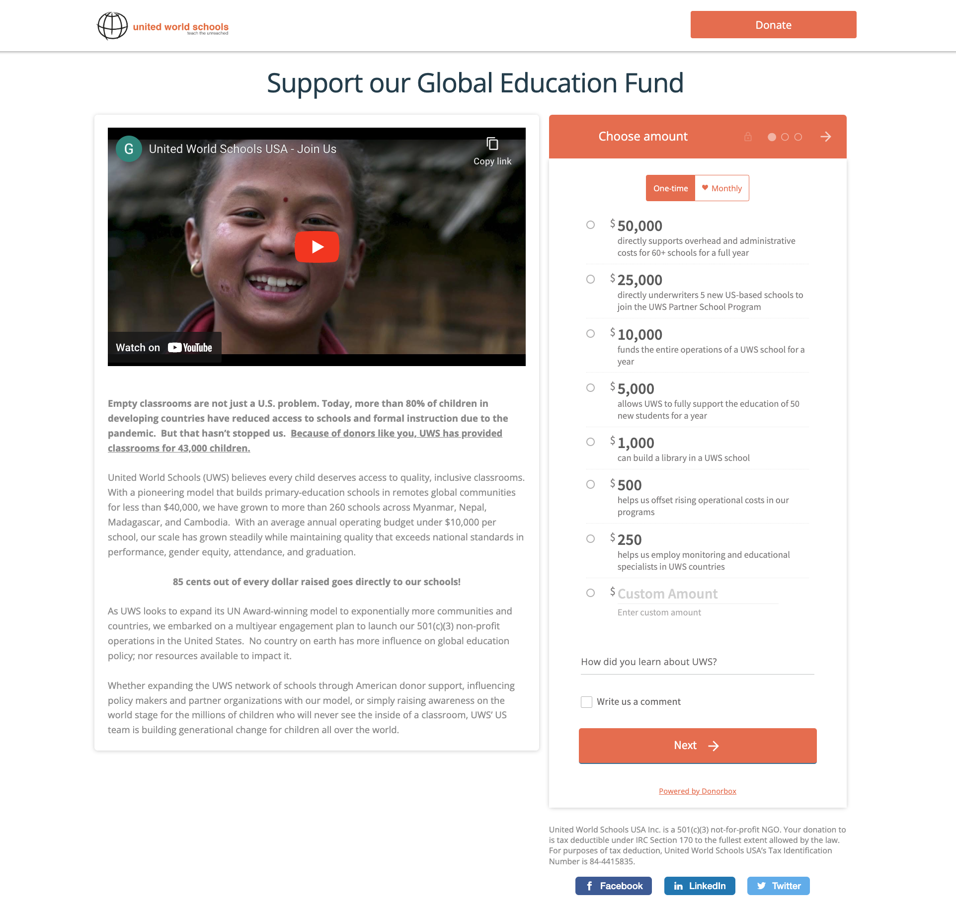 united world schools - donation page