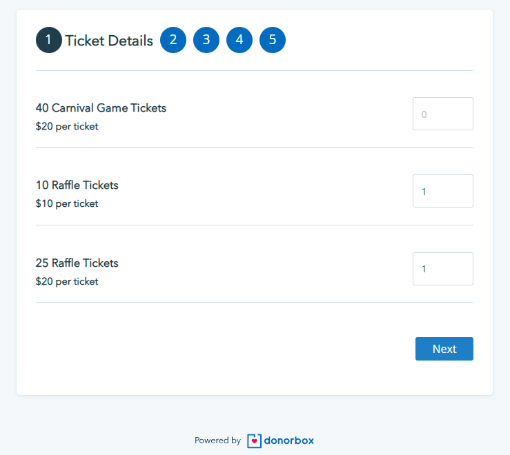 Screenshot of the ticket details on a Donorbox Events page. 