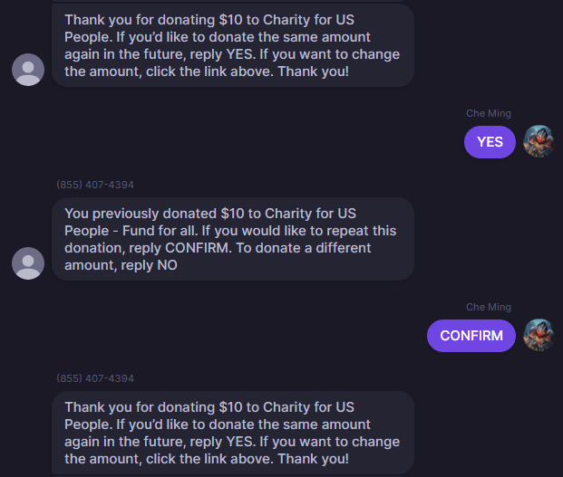 Screenshot showing how Donorbox Text-to-Give looks for donors. 