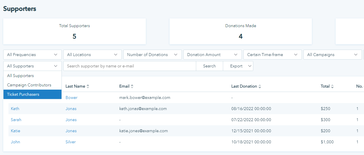 Screenshot showing the Supporters section within the Donorbox donor management tool. 