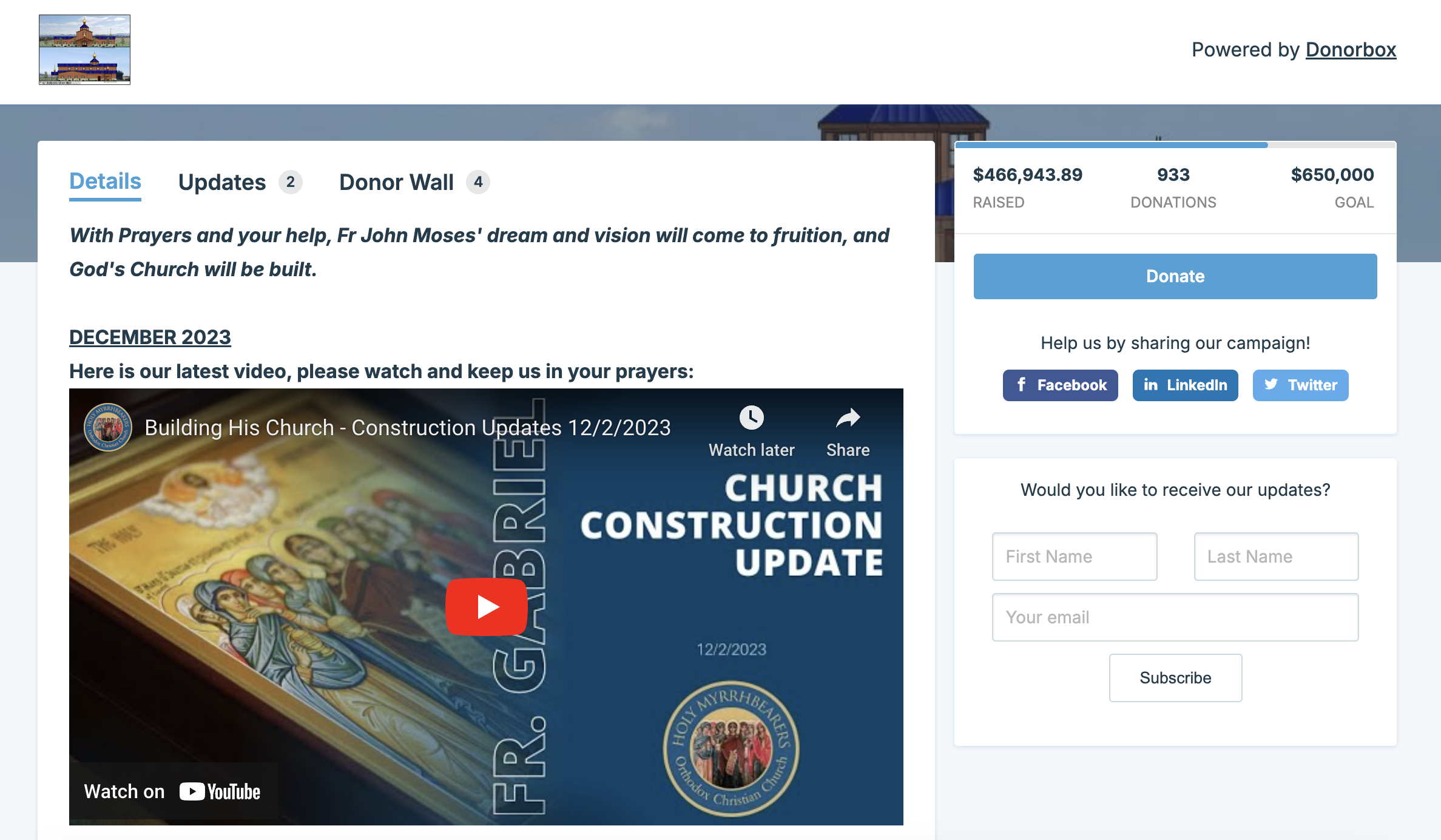Screenshot of a church's Donorbox Crowdfunding page where they showcase a goal meter. 