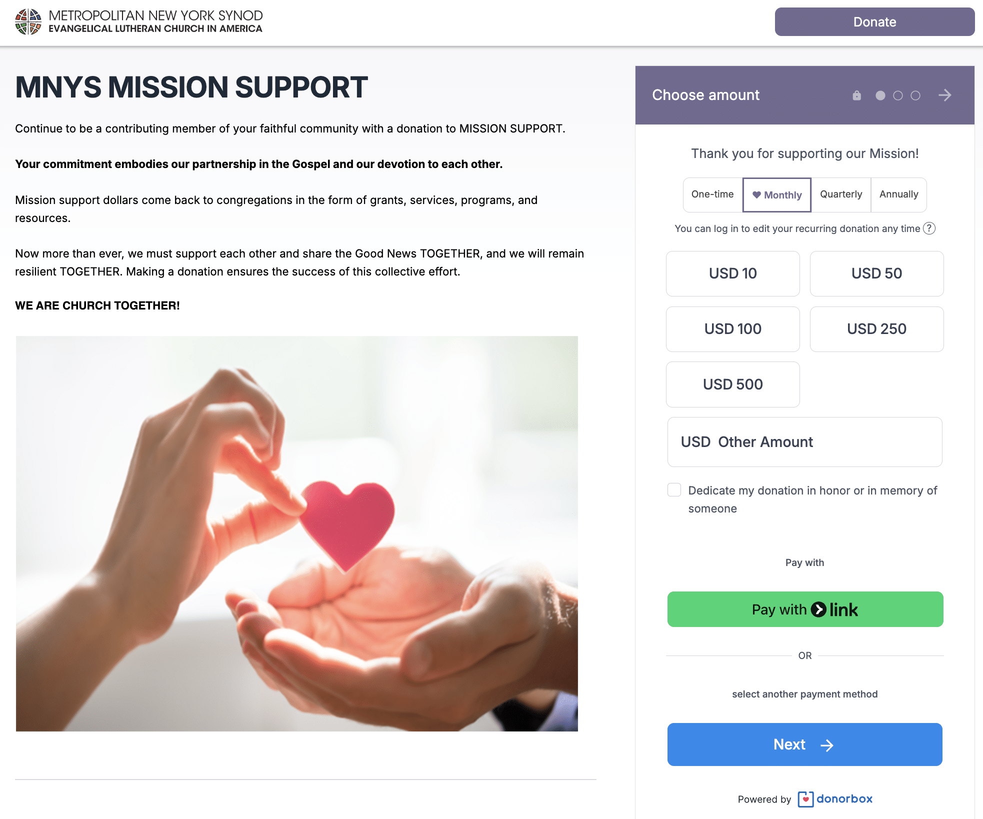 Screenshot of the MNYS church recurring giving donation form