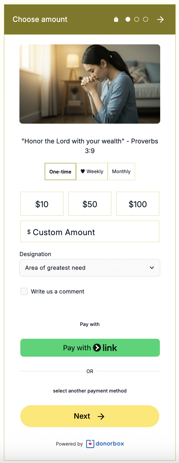 Screenshot of a 
church donation form with UltraSwift Pay