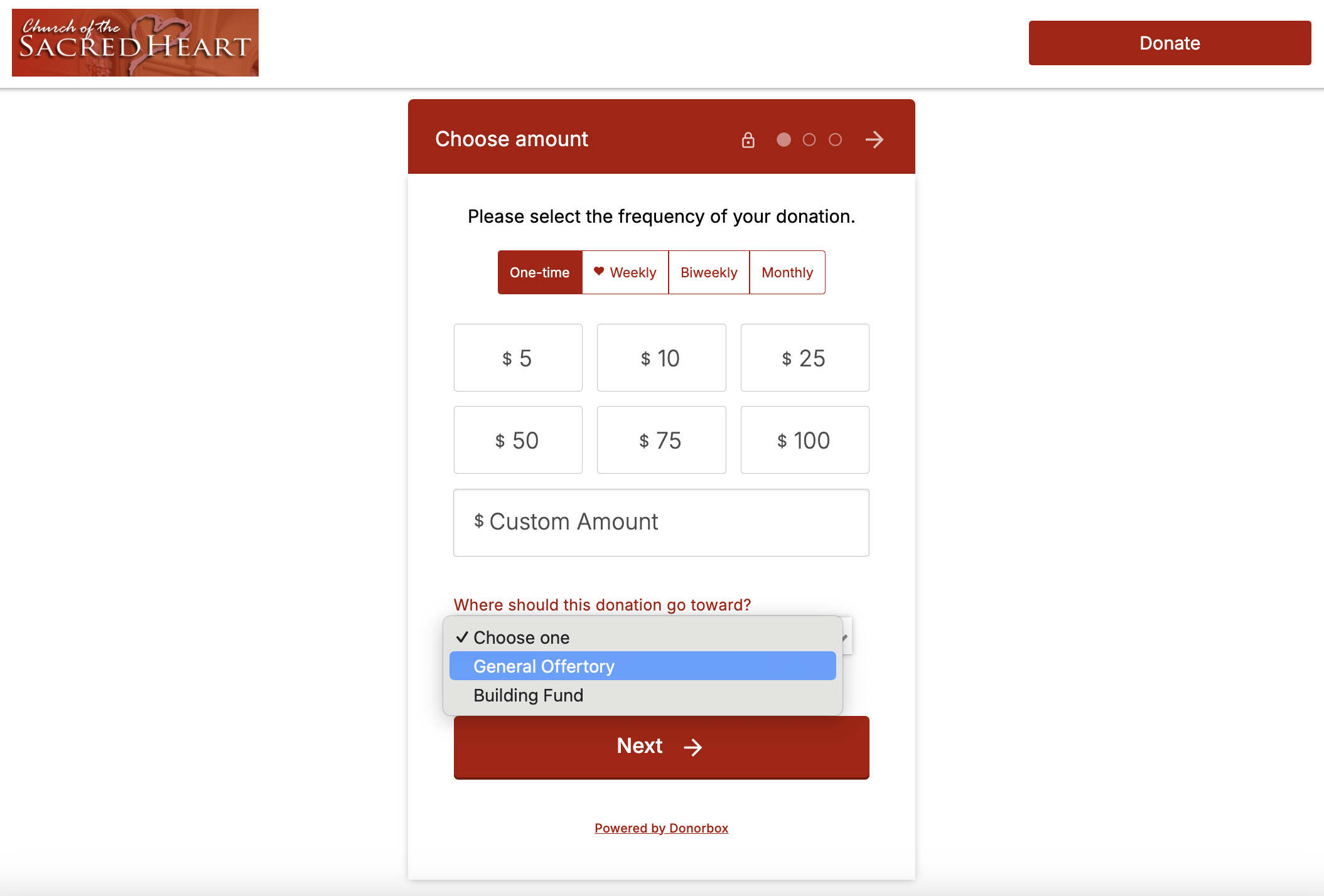 Screenshot showing a church's Donorbox donation form that makes their accounting easier. 