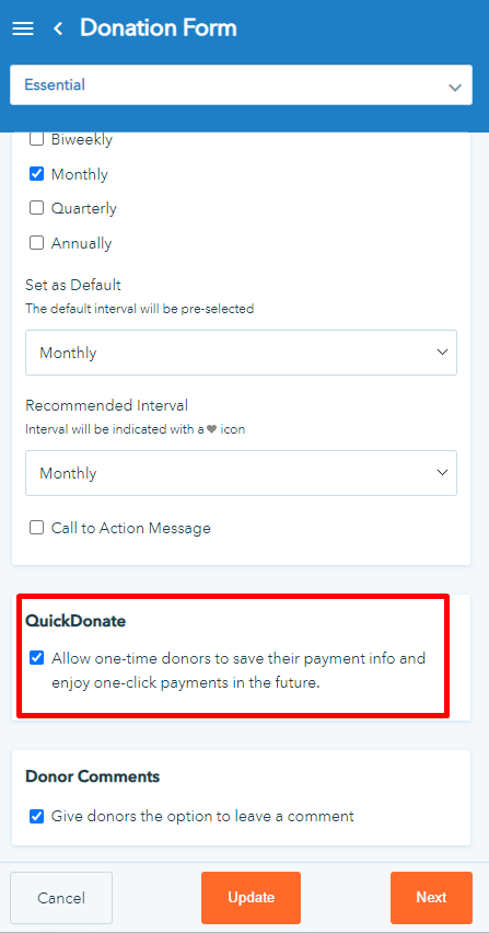 QuickDonate checkbox on Donorbox