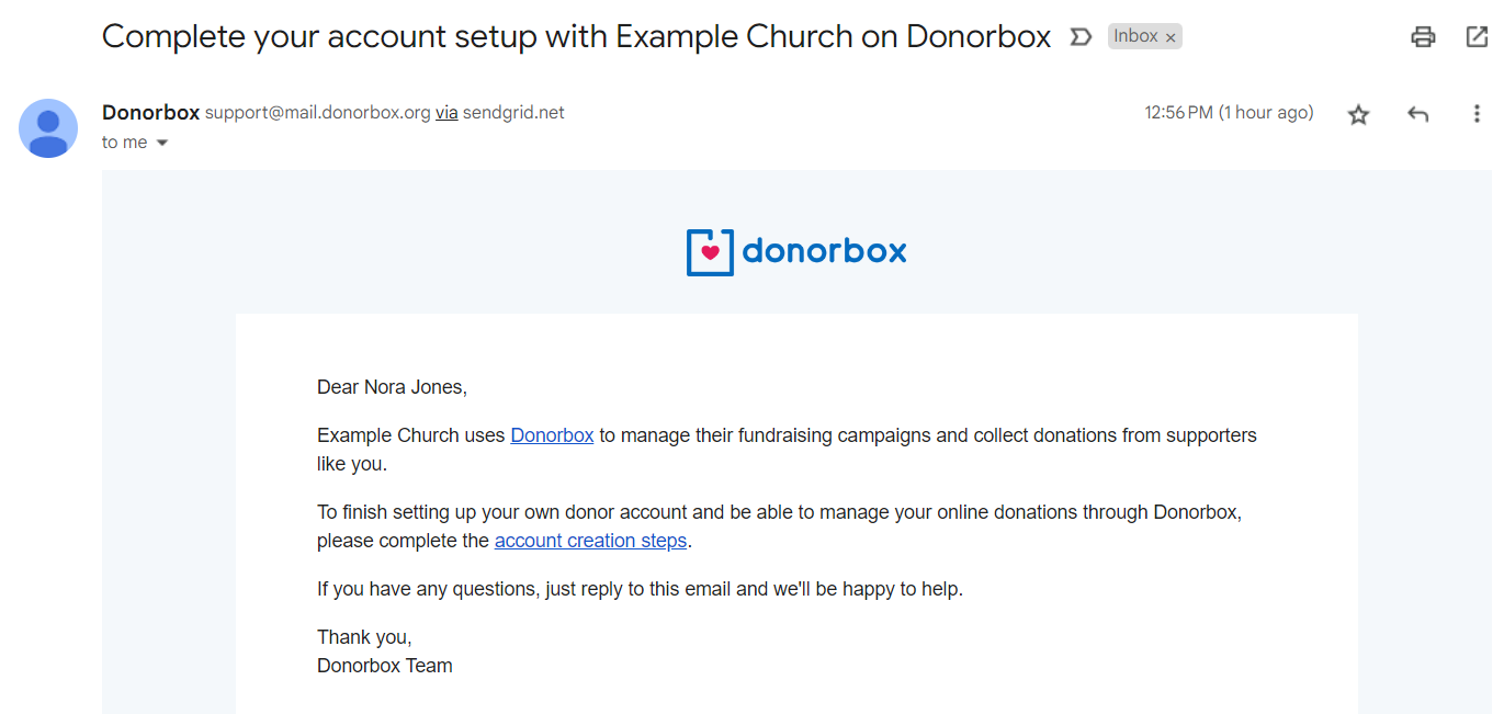 Donorbox email to set up donor account