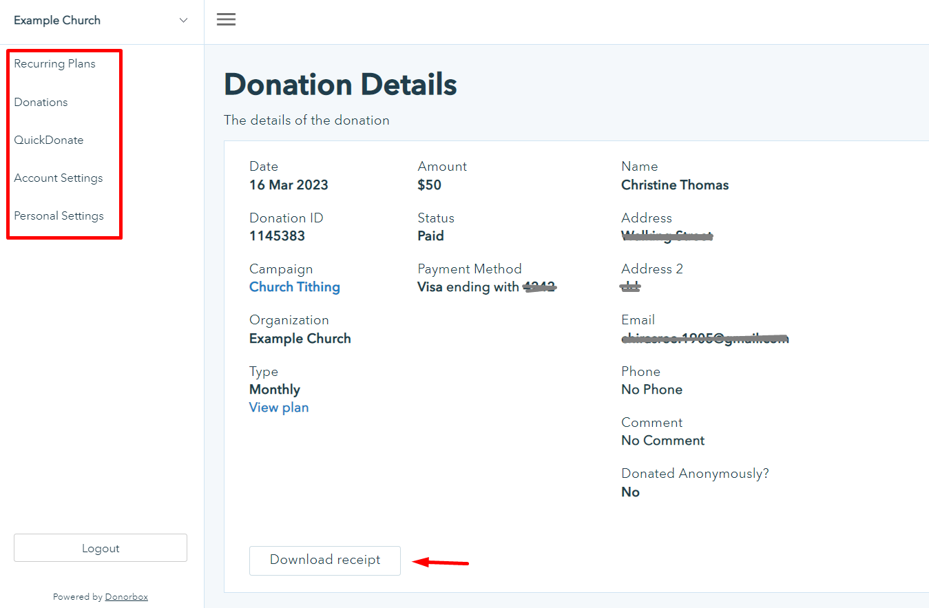 donor portal enabling donors to manage donations and receipts on donorbox