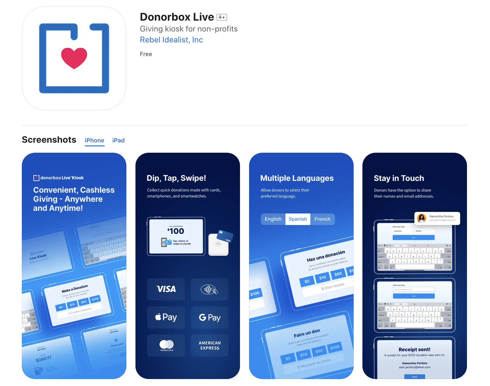 Screenshot of the Apple App store where you can find the Donorbox Live™ Kiosk app. 