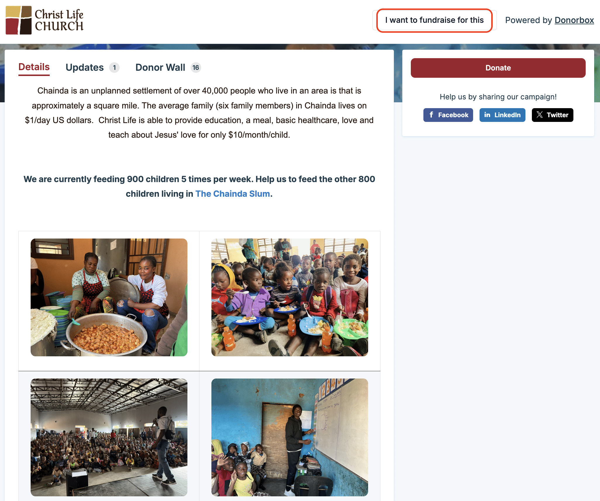 Screenshot of a church's peer-to-peer fundraising campaign created with Donorbox Peer-to-Peer