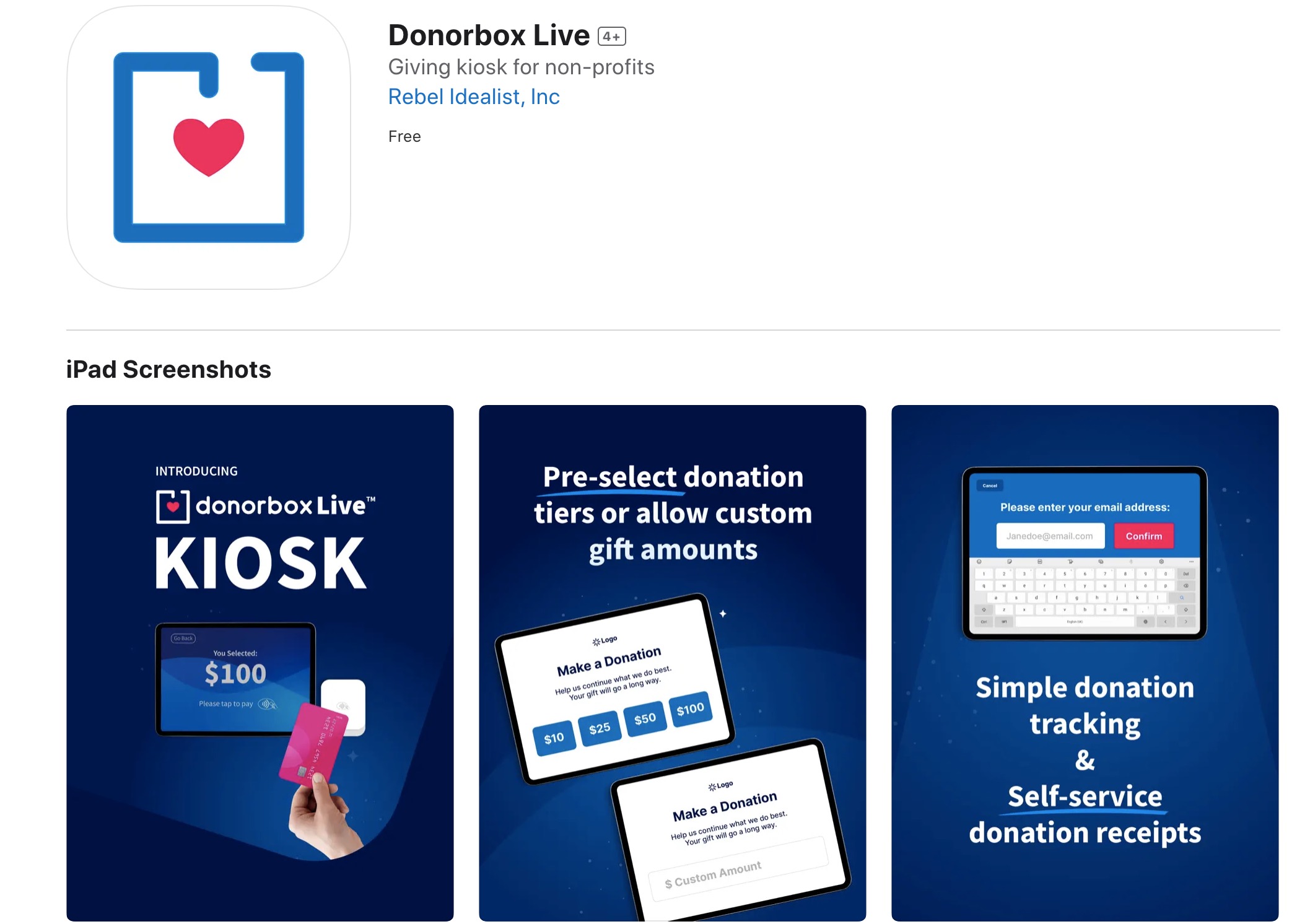 The Donorbox Live app as it appears in the Apple App Store for iPads.