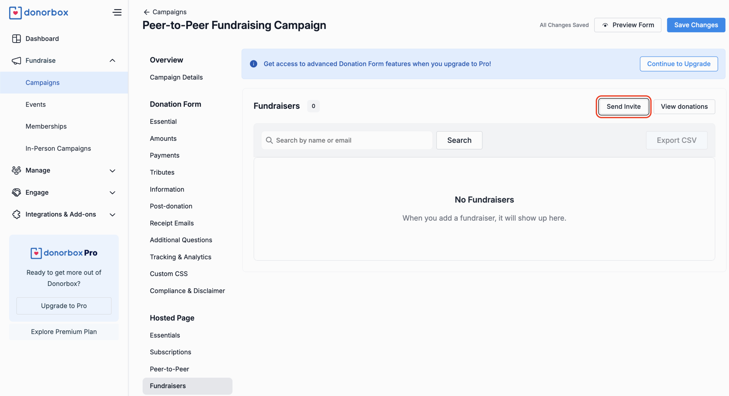 Screenshot showing how to invite fundraisers to fundraisers for your church on Donorbox Peer-to-Peer.