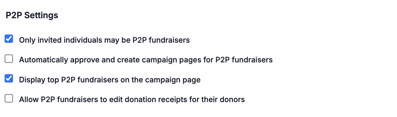 Screenshot of peer-to-peer settings on Donorbox