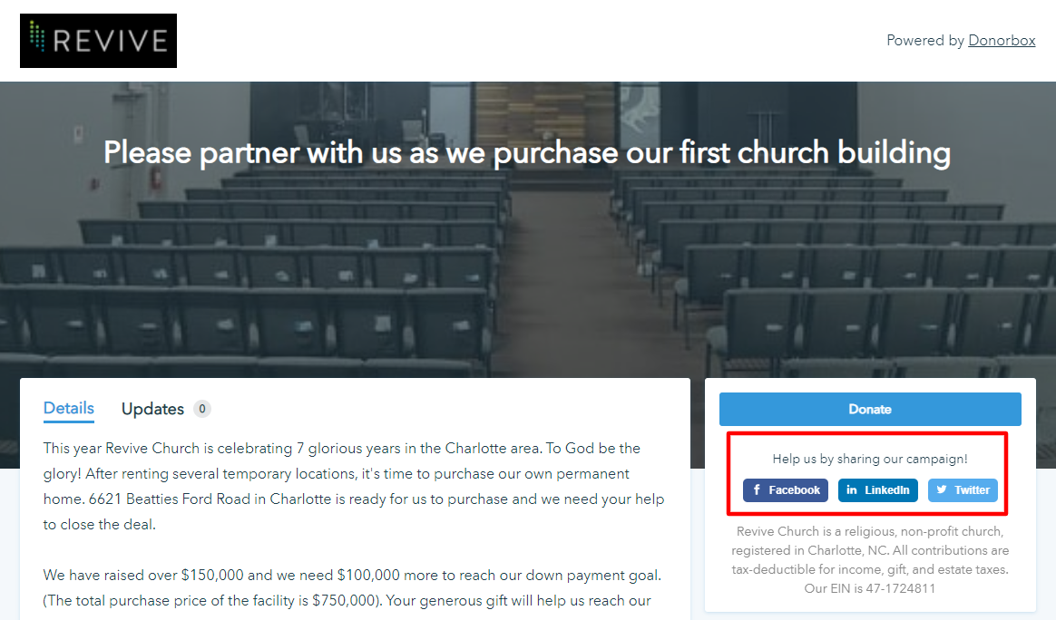social media sharing buttons on Donorbox crowdfunding page