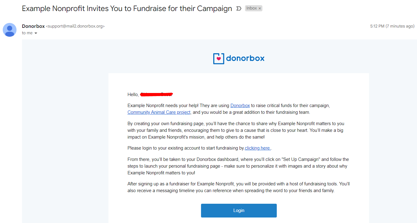 email from Donorbox to fundraisers to sign up and fundraise