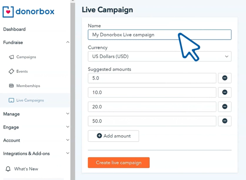 create new campaign for giving kiosk on donorbox