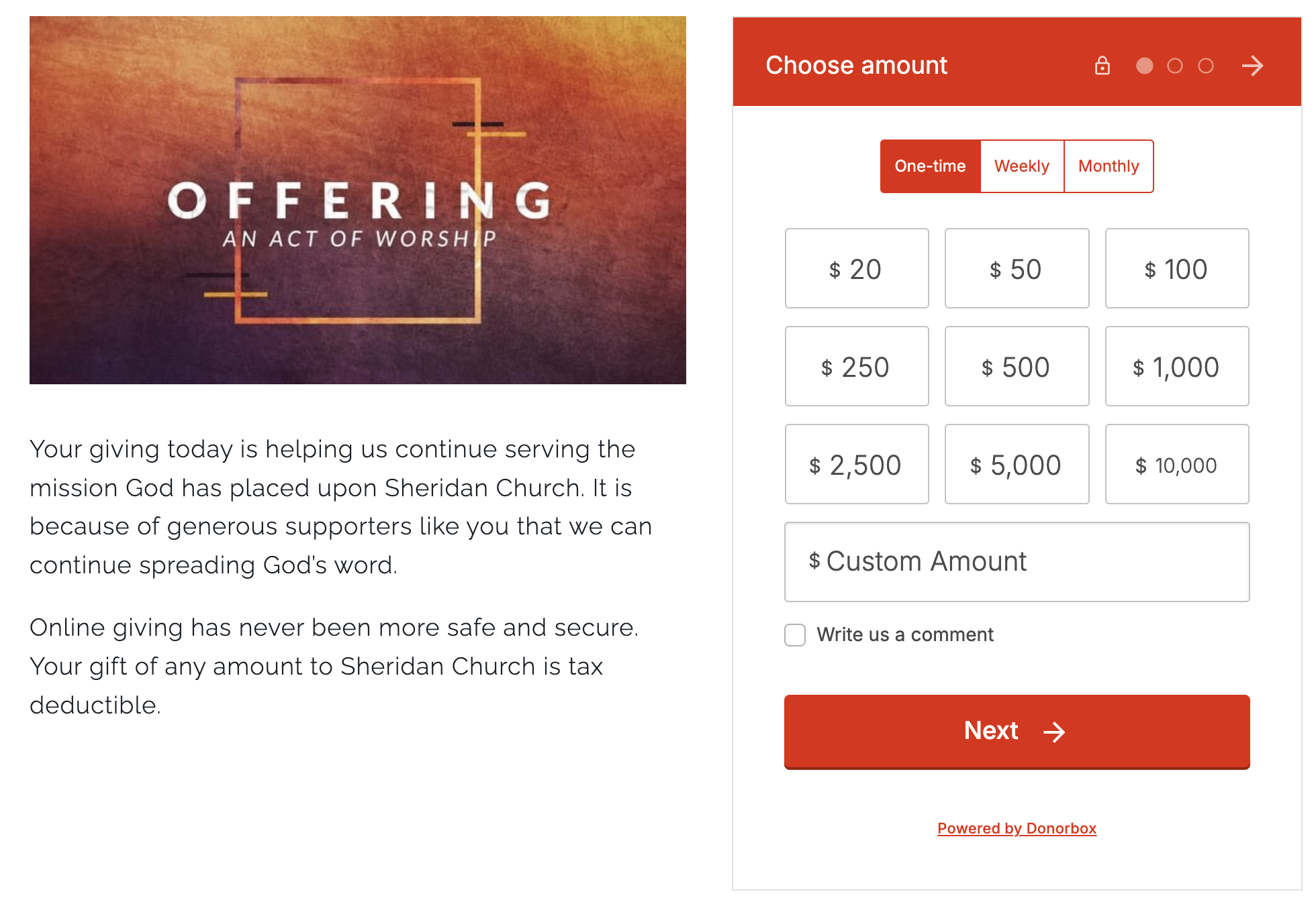 Screenshot of Sheridan Church's Donorbox donation form. 