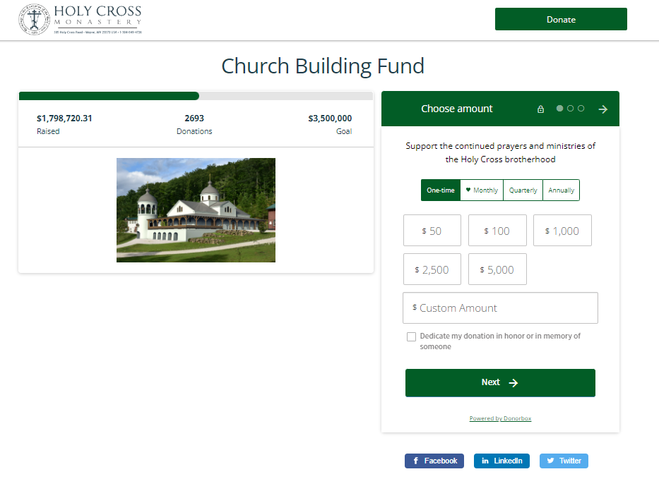 A church using a Donorbox fundraising page to raise money for their church building fund. 
