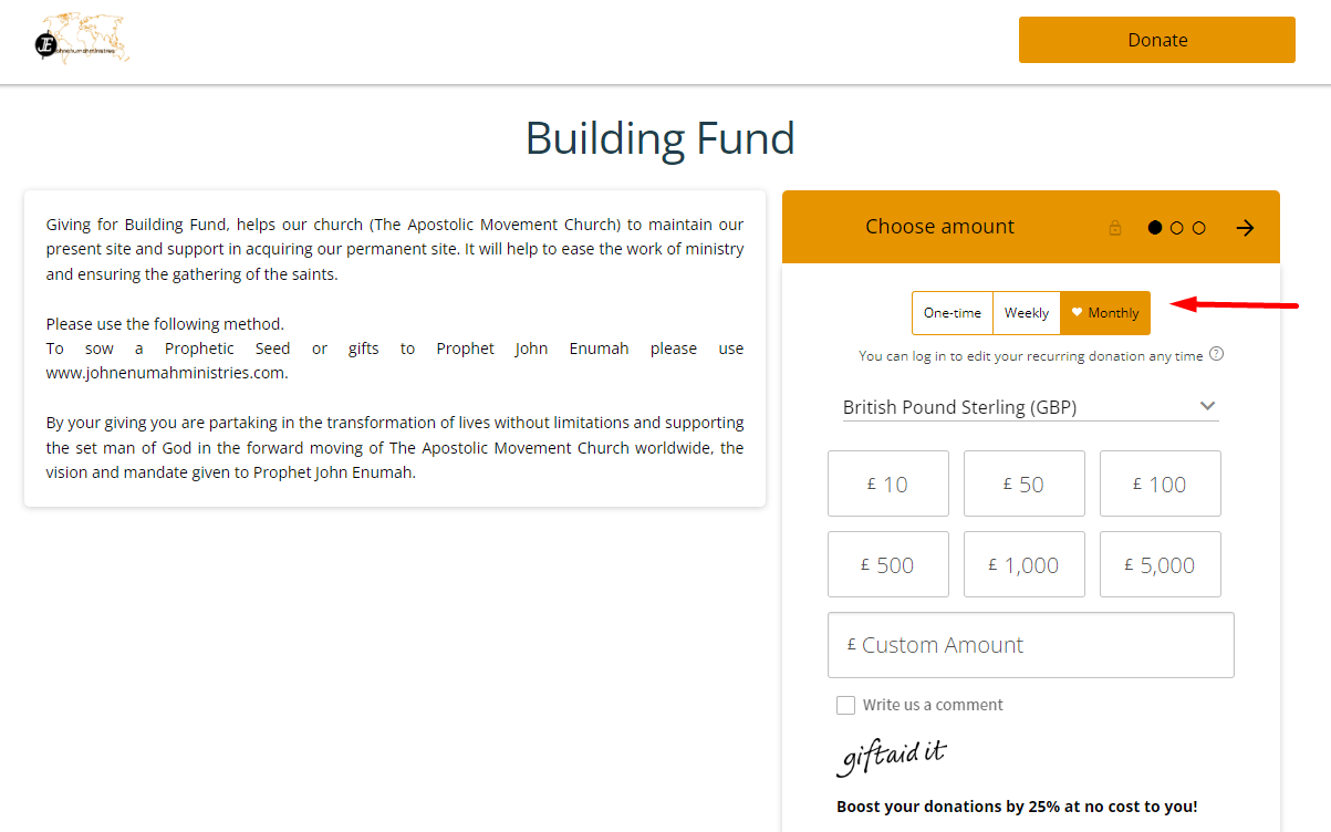 A church using a Donorbox donation page to raise money for their church building fund. 