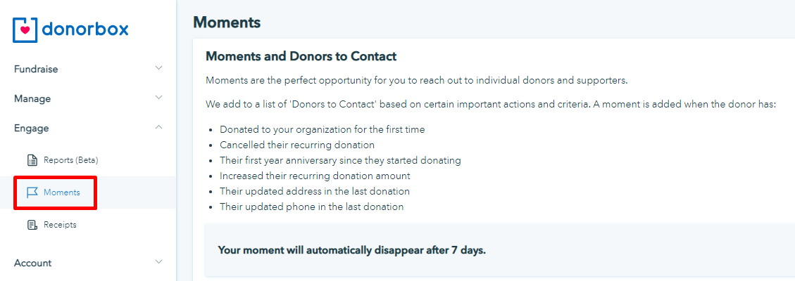 important donor moments and alerts on donorbox
