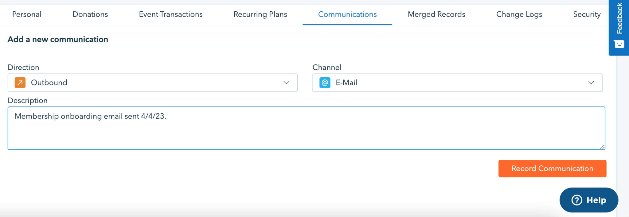 adding communication notes to donorbox support records