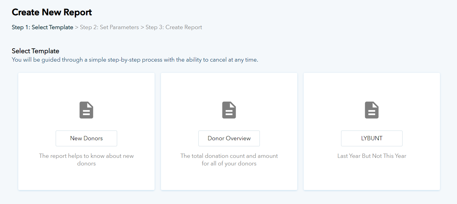Screenshot of Donorbox's reporting templates. 