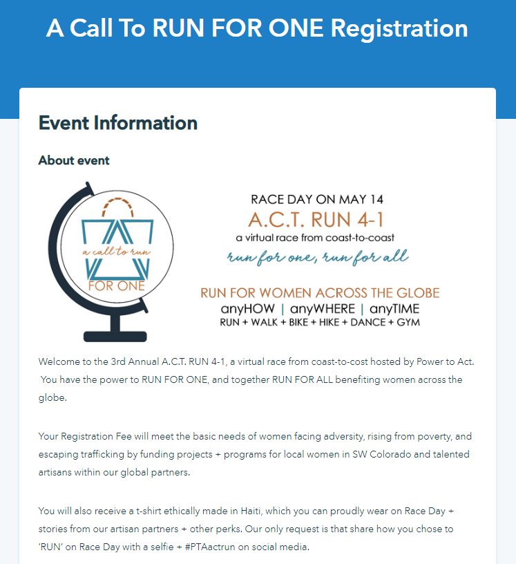 An image of the Call to RUN FOR ONE event registration form, built on Donorbox, featuring the event information section. 