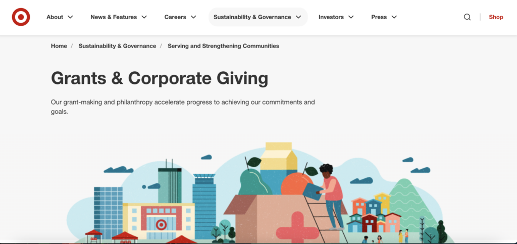 Screenshot of the Target Grants page as an example of retail companies that donate to nonprofits 