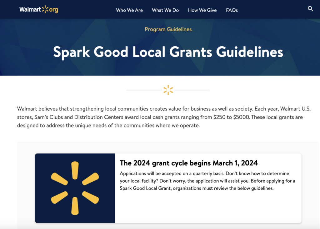 A screenshot of Walmart's Spark Good Local Grants Guidelines webpage, which shows how they are a company that donates to nonprofits