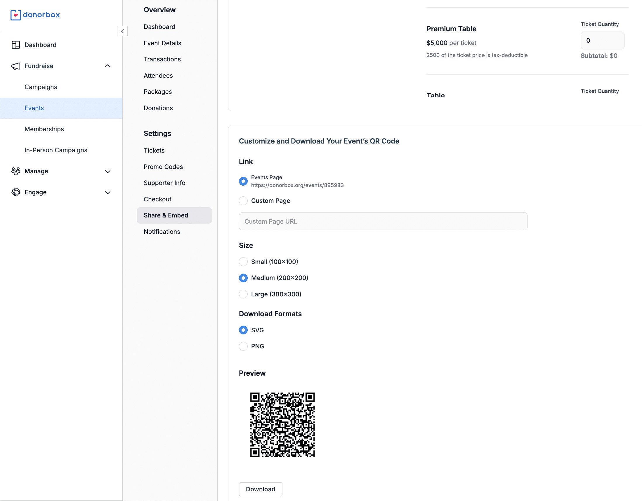 Screenshot of the Donorbox Events editor displaying the free QR code for each event