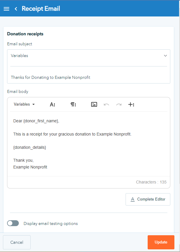 The receipt editor where organizations can edit and customize the automatic donation receipt emails that are sent to a donor after every gift is made.