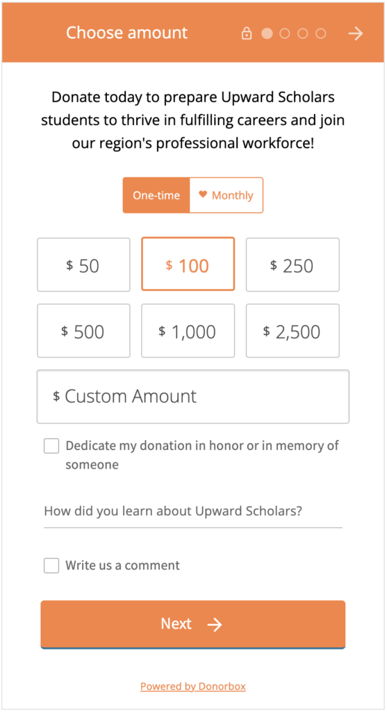 A screenshot of the Upward Scholars giving form, created using Donorbox. The primary color of the form is orange and it shows recurring giving options, pre-set donation suggestions, an option to make a gift in honor or memory of someone, and more. 