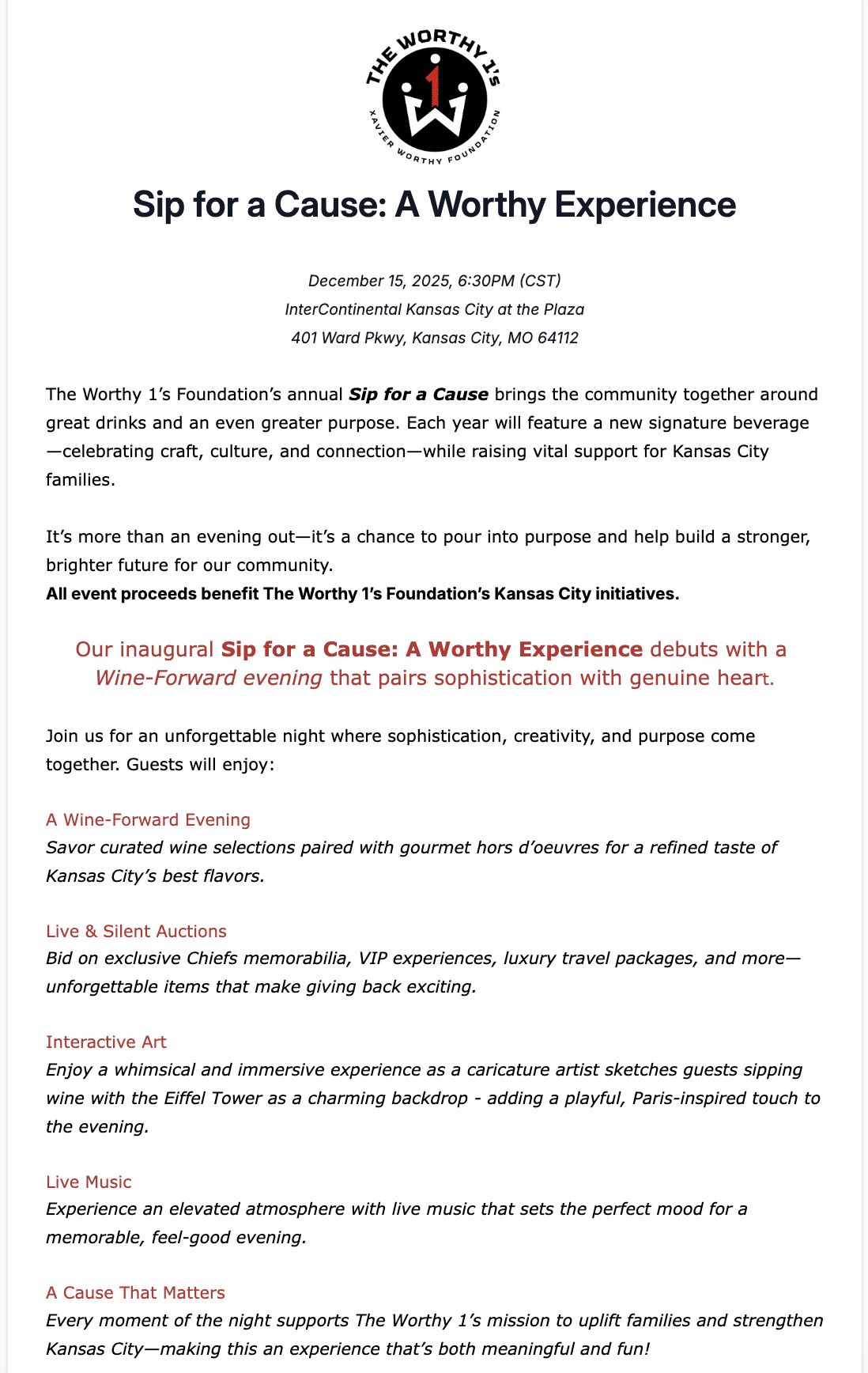 Screenshot of an organization's event page to promote their wine tasting event using Donorbox Events