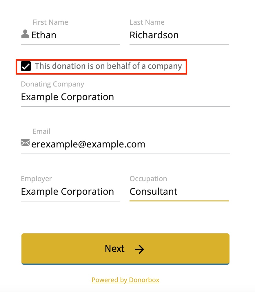 checking if donation is on behalf of a company on donation form