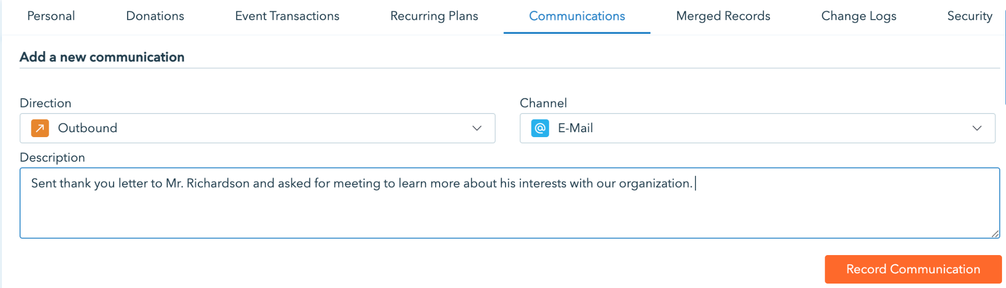 adding communication notes to donor profiles on donorbox
